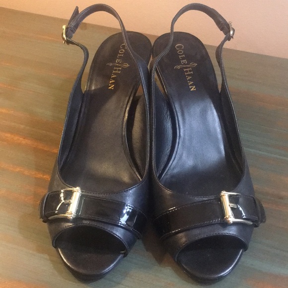 Cole Haan Shoes - Cole Haan Patent Black Leather Buckle Peeptoe Heel